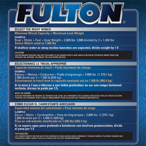 Fulton trailer winch specifications guide in English, French, Spanish for weight, load, and safe usage guidelines