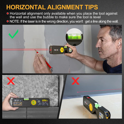 4 In 1 Laser Level For Home Renovation And Picture Hanging, Torpedo Style With 65 Ft Alignment Point, 16 Ft Laser Line, 10 Ft Tape Measure, Quick Angle Settings, Rotating Torpedo Bubble, Easy DIY Alignment Tool used against a wall