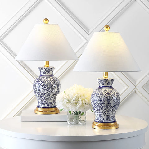 Blue And White Chinoiserie Ceramic Floral Table Lamp Set Of 2 With Linen Shade, 21 Inch Tall Vase Style Lamps on table