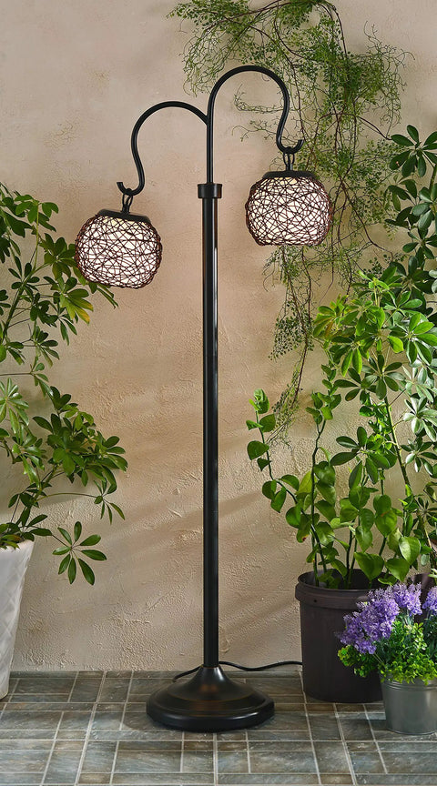 Castillo Outdoor Floor Lamp With Oil Rubbed Bronze Highlight Finish and Dual Suspended Woven Rattan Shades, 62 Inch Tall