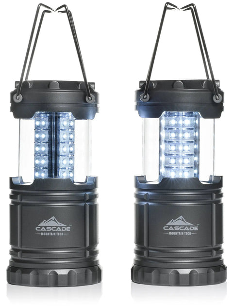Two Pop-Up LED Lanterns 100 Lumen 360 Degree Bright Light with fold-out handles, IPX4 water resistant, black metal casing
