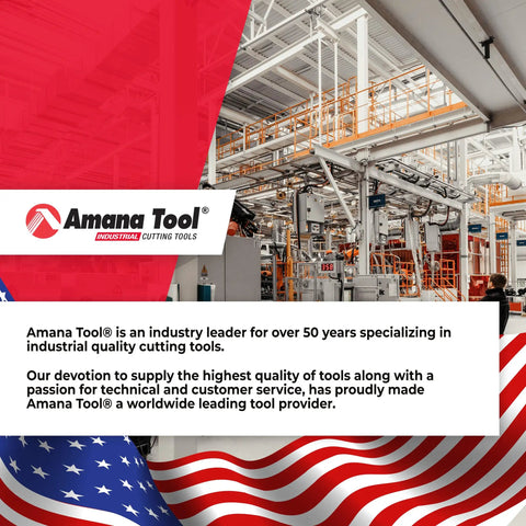 Amana Tool factory interior with industrial cutting tools and American flag design