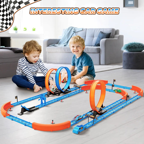 Kids playing with Dope Slot Car Race Track Set With 360 Degree Loops And Four High Speed Cars 64 Piece Large Flexible Raceway.