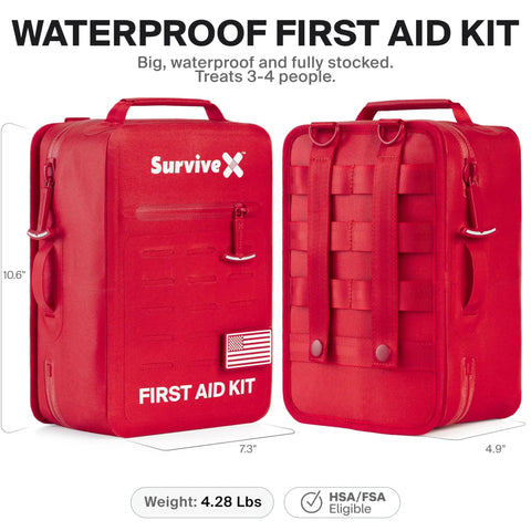 Front and back view of a large waterproof first aid kit with IPX7 sealed zippers, rubberized shell for car, travel, home, and outdoors.