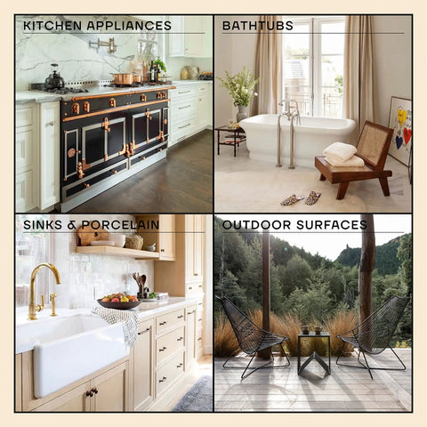 Four-panel image showing kitchen appliances, bathtubs, sinks, and outdoor surfaces, suitable for White Paint Touch Up For Appliances And Porcelain High Gloss Enamel No 04 White Haze 1.5 Oz Ideal Bathtub Tile And Appliance Repair For Interior And Exterior Use Quick Fix application.