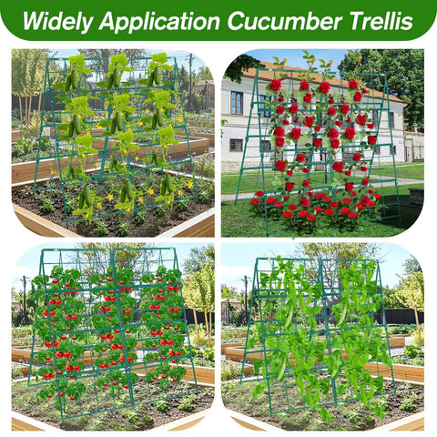 Foldable A Frame Cucumber Trellis For Raised Beds, Metal Garden Support In Coated Steel, 42x32 Inch Climbing Trellis shown in garden