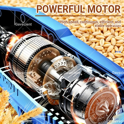 Close-up of Portable Grain Conveyor With High Torque 2000W Motor Industrial Screw Feeder surrounded by grains