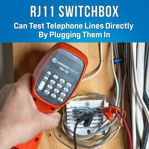 Person using Go To Analog Telephone Line Tester Butt Set With ABN Clips For Dial Tone Testing on RJ11 switchbox