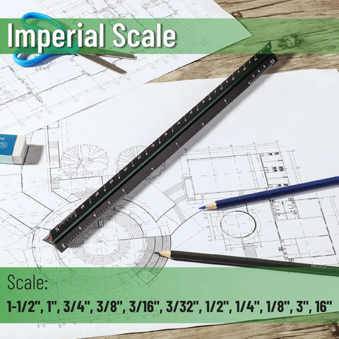 12 Inch Black Architectural Scale Ruler Triangular Aluminum Carpenter Tool with imperial marks on architectural blueprint