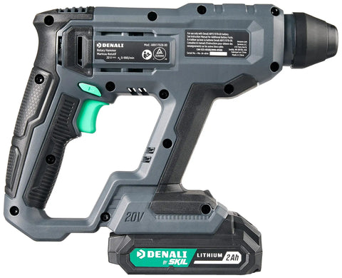 Side view of 20V Cordless Rotary Hammer Kit with 2.0Ah Lithium Battery and 2.4A Charger for quick charge, showing drill design.