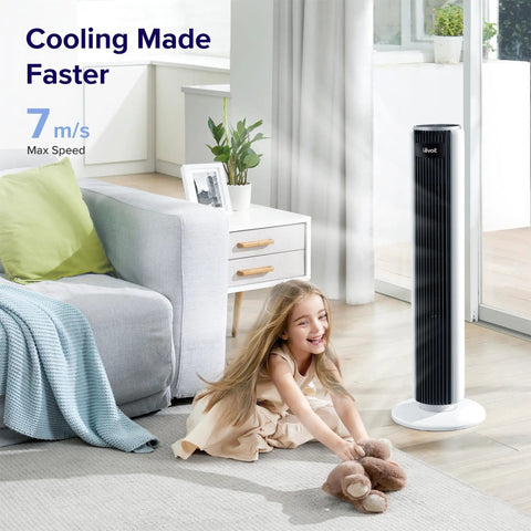 Beat The Summer Heat With This Whisper Quiet Bladeless Tower Fan Serving Smooth 90 Degree Oscillating Airflow in a cozy living room setting.