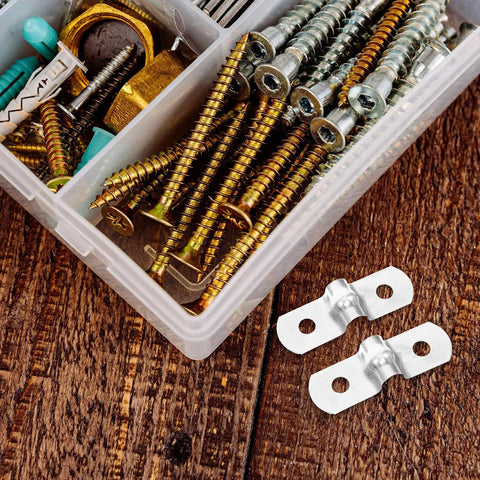 Hella Tough 100 Pack Stainless Steel U Shaped Pipe Clamps Double Hole Conduit Brackets with screws and anchors in a storage box.