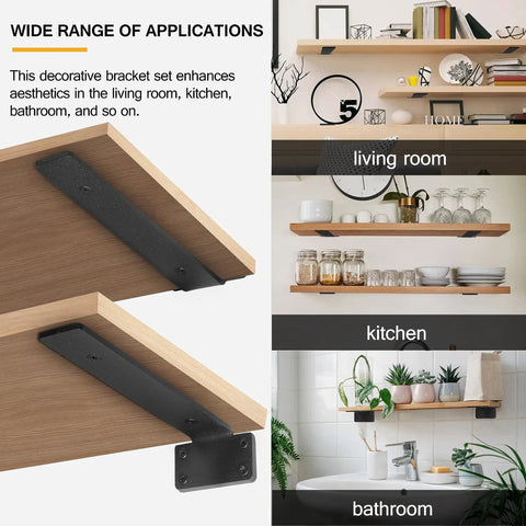 Heavy Duty Floating Shelf Brackets 8 Inch Hidden Mount Rock Solid Iron L Brackets For Wall Shelving rustic style with wooden shelves in living room, kitchen, and bathroom.