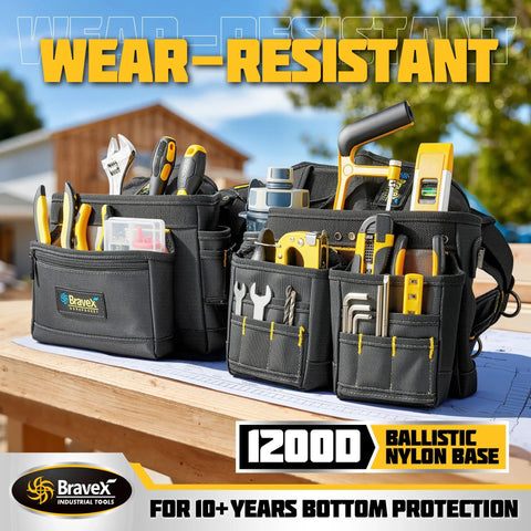 Built Tough Tool Belt Set With Suspenders And Pro Vest Ultra 20 Pouches H Style Apron Pouch 1200D Ballistic Nylon 800D Oxford Cloth displayed outdoors with tools