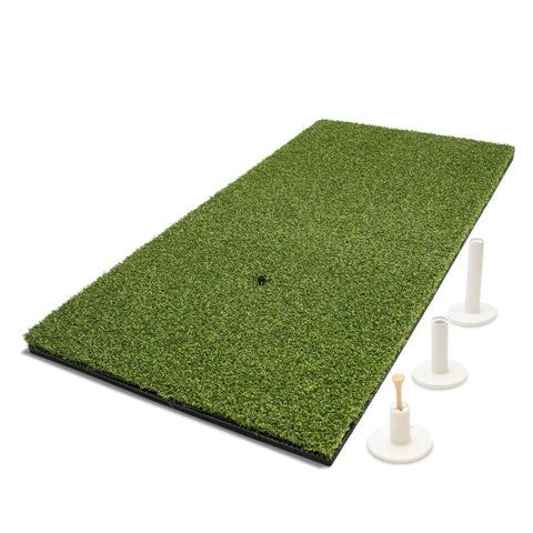 Golf Hitting Mat With Real Turf Feel For Indoor And Outdoor Practice, 2 By 1 Foot Synthetic Turf Mat With 5mm Non Slip Foam Padding, Includes 3 Rubber Tees For Quick Setup And Durable, All Weather Use showing green turf mat with three rubber tees