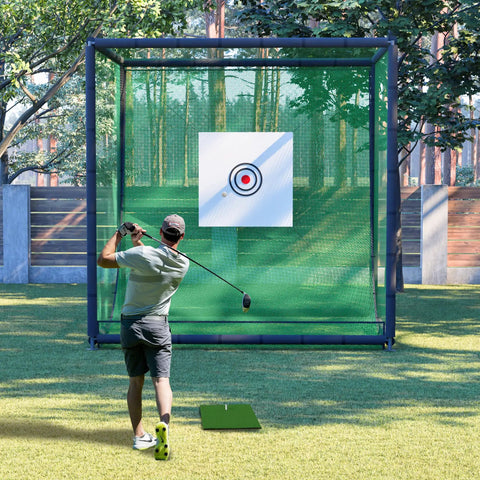 Man practicing swings with Backyard Golf Practice Net Cage With Metal Frame Auto Ball Return Easy Setup Hitting Net Kit in backyard