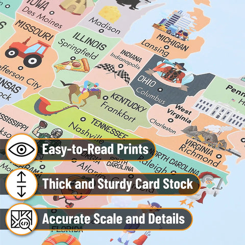 Close-up of United States Map For Kids Poster Large 24.6 By 14.5 Inches Laminated 200Gsm with easy-to-read labels and icons.
