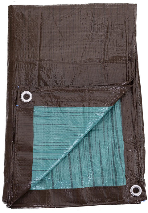 Heavy Duty All Purpose Poly Tarp 25 By 40 Ft 5 Mil Waterproof Reversible Brown And Green Outdoor Cover folded with grommets
