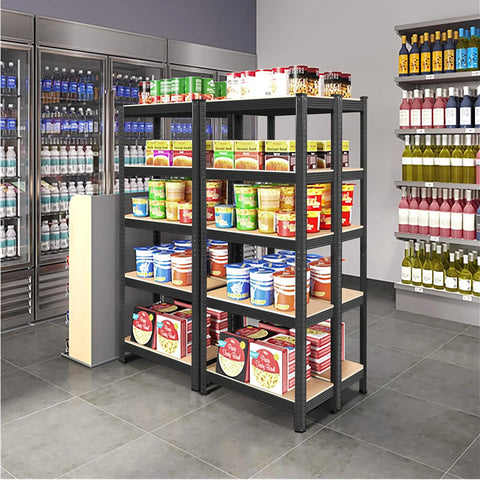 Rock Solid Heavy Duty Steel Storage Rack Two Pack Adjustable Five Tier Shelving in black with food items in a store setting.