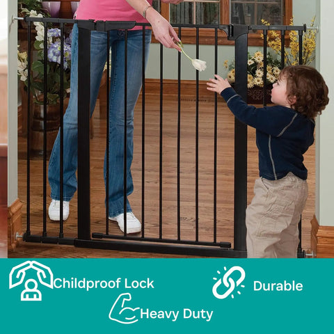 Tall And Wide Auto Close Baby Gate With Magnetic Lock Technology, Pressure Mounted, black gate with child and adult