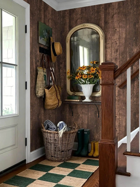 Wood Peel And Stick Budget Friendly Dope Walnut Grain Texture Waterproof Removable Self Adhesive Wallpaper on hallway wall