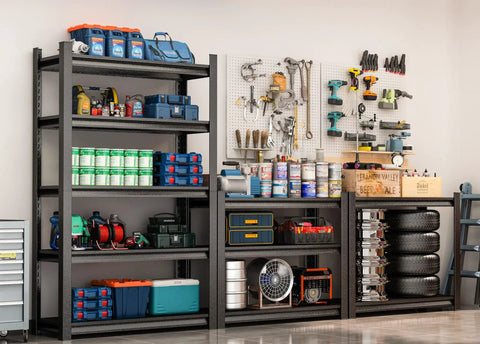 Rock Solid Five Tier Metal Bookshelf Featuring Adjustable Steel Shelves And Double Reinforced Columns Heavy Duty Storage Shelving Unit in garage