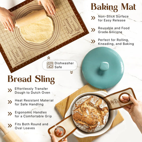 Baking mat and bread sling from All In One Sourdough Bread Proofing Kit With Lame Danish Whish Bowl And Dough Scraper Two Slings And Baking Mat Complete Starter Set For Home Bakers And Weekend Kitchen Pros.