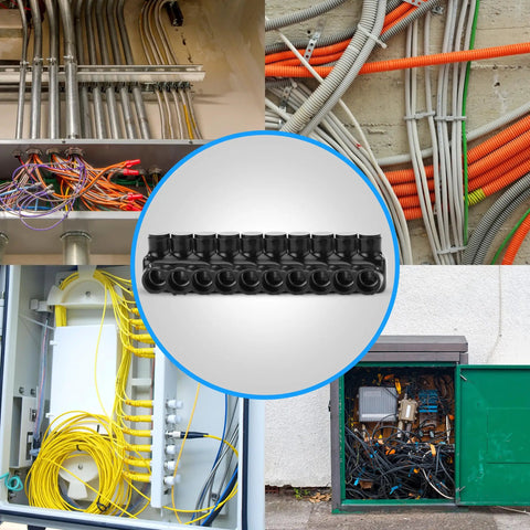 Rock Solid Dual Entry Wire Connectors With Ten Heavy Duty Ports And Slick Black Vinyl Protective Sleeve For Copper Or Aluminum Wiring in a connector arrangement.