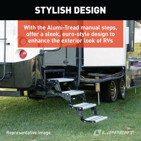 Alumi-Tread Triple Manual Step With No Slip Grips And Textured Surface For Solid Traction And Stability Built In Grab Handle Lightweight Aluminum RV Entry Step In Black, extended on RV