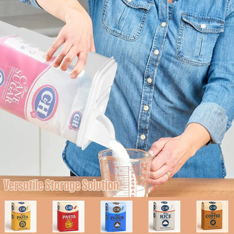 Hassle Free Eight Quart Clear Food Storage Bin With Slick Pour Spout And Grippy Handle For Everyday Pantry Essentials pouring sugar.