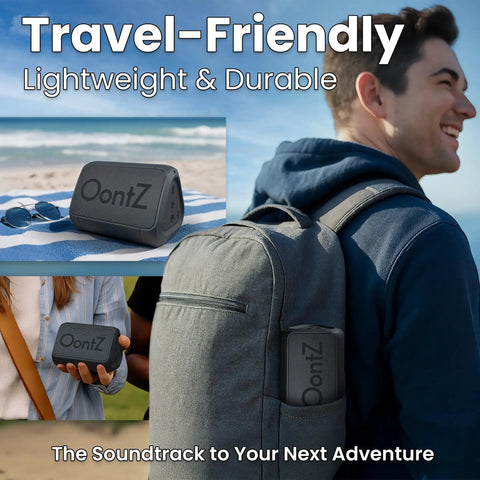 Ultra Portable Bluetooth Speaker With 14 Hours Of Play Time, 100 Ft Wireless Range, Waterproof Design, Budget Friendly Go To Travel Or Home Speaker, Dope Sound From Compact Neodymium Driver, Great Gift being carried in a backpack for travel.