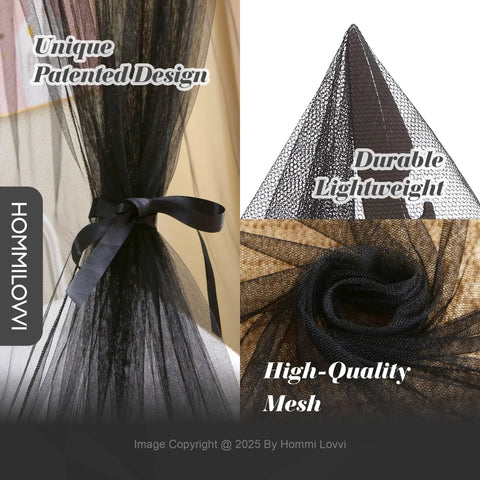 Close-up of Black Bed Canopy With Star Lights For Kids And Adults, showing unique design, lightweight mesh, sheer net curtain detail.