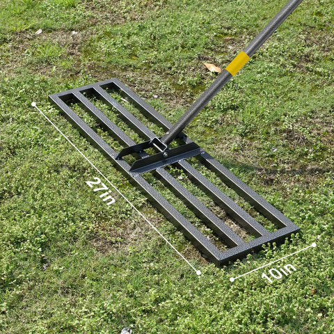 Lawn Leveling Rake With 72 Inch Long Handle And 27 By 10 Inch Ground Plate Beefy Heavy Duty Iron Construction For Smoothing Dirt