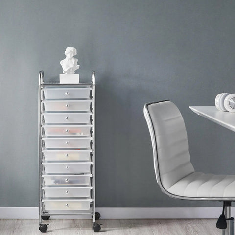 10 Drawer Rolling Storage Cart With Lockable 360 Degree Wheels, white plastic trolley in office setting next to gray chair.