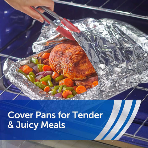 Heavy Duty Aluminum Foil Roll Beefy Strength 12 Inch Wide 50 Square Feet With Secure Easy Open Tab covering roasted chicken