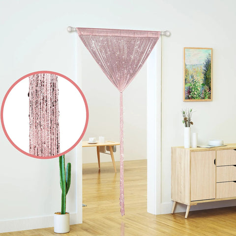 Light Pink Beaded String Curtain For Doorways With Glitter Beads Privacy Panel For Door Window Closet Laundry Room And Living Spaces 39 Inch Wide By 79 Inch High Polyester Eco Friendly Easy Hang With Hooks For Quick Setup installed in doorway.