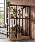 Dope Tall Industrial Bookshelf Set Of 2 With Reversible 5 Tier Shelves in living room, used as divider next to brick wall.