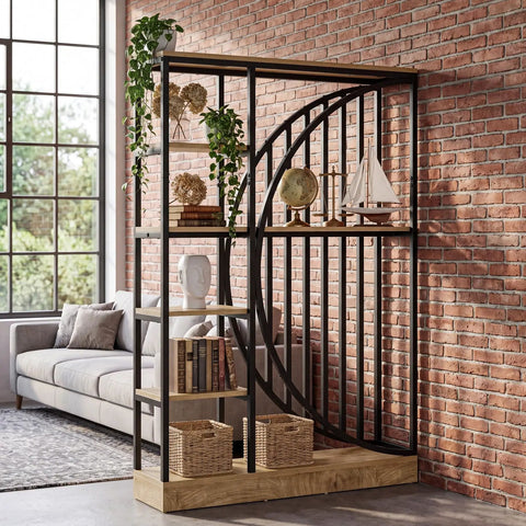 Dope Tall Industrial Bookshelf Set Of 2 With Reversible 5 Tier Shelves in living room, used as divider next to brick wall.