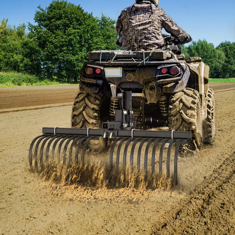 Rugged Landscape Rake Implement For ATV And UTV Debris Removal, rock spreading, lawn leveling, and seed bed prep, field use