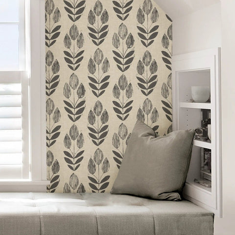 Room corner with beige linen Folk Tulip Peel And Stick Wallpaper Neutral Textured Removable For DIY Room Makeover on smooth walls