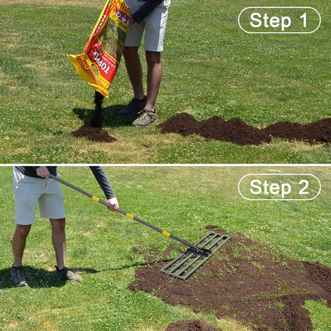 Person using Lawn Leveling Rake With 72 Inch Long Handle And 27 By 10 Inch Ground Plate Beefy Heavy Duty Iron Construction to level soil.