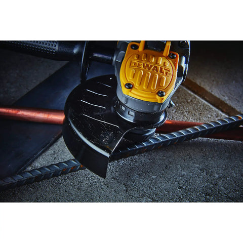 Close-up of Heavy Duty Angle Grinder With 20V Max FlexVolt Advantage Muscle cutting rebar, showcasing tough job capabilities.