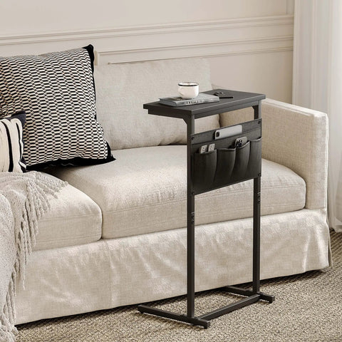C Shaped End Table For Small Spaces With Storage Bag, Space Saving Couch Side Table For Sofa, Narrow TV Tray, Black LET501B