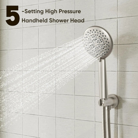 Heavy Duty Shower System With A Ten Inch Rain Shower Head And Adjustable Handheld Mount In Glossy Brushed Nickel featuring a 5-setting handheld shower head.