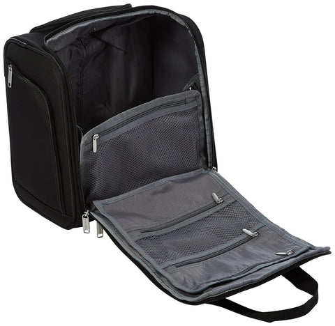 Amazon Basics underseat carry-on luggage, black, open view with gray interior mesh pockets