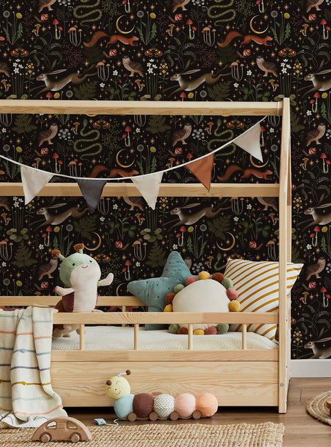 Child's room with bed in front of Enchanted Forest Mood Peel And Stick Wallpaper For Dark Background Decor Single Sheet 24 W By 48 H.