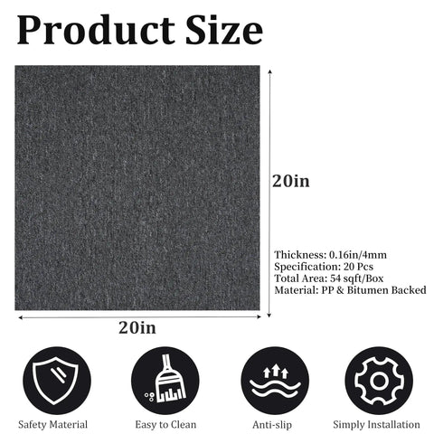 DIY 20x20 Carpet Tile Set With Self Adhesive Strips, Dual Color Light and Dark Gray, 0.16 Inch Pile, Product Size Chart