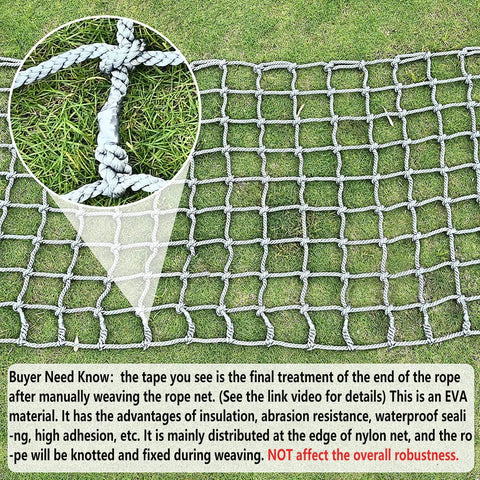 Close-up of Playground Climbing Net For Kids Outdoor Playset Safe Cargo Rope Net with durable knots and gray nylon material on grass.