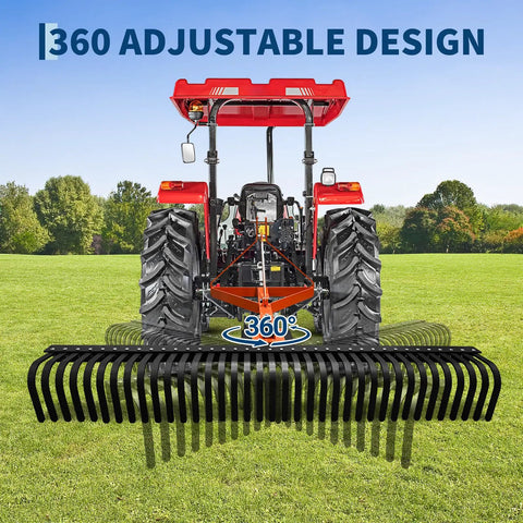 Heavy Duty 6 Foot Tractor Landscape Rake With 37 Steel Tines, 360 Degree Rotation, attached to tractor on grass.