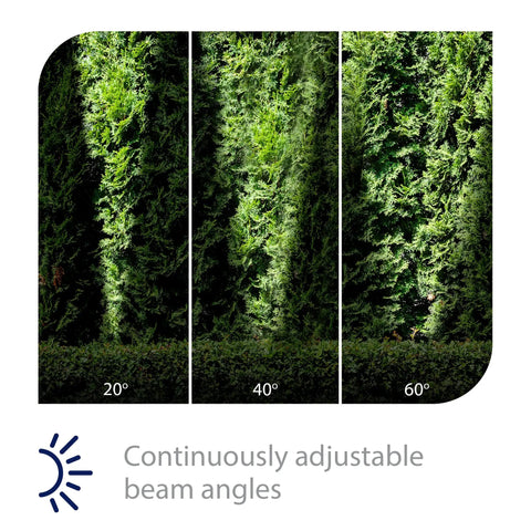 12V LED Landscape Accent Light With Adjustable Beam And Dimmable Brightness showcasing 20, 40, and 60 degree beam angles.